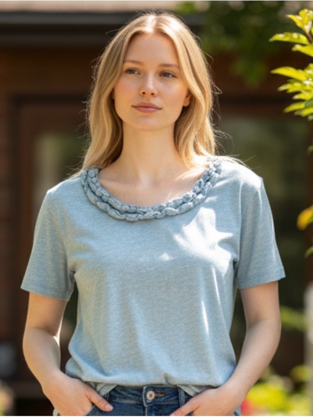 🫶🏻 Talbots Light Blue Braided Neck Tee